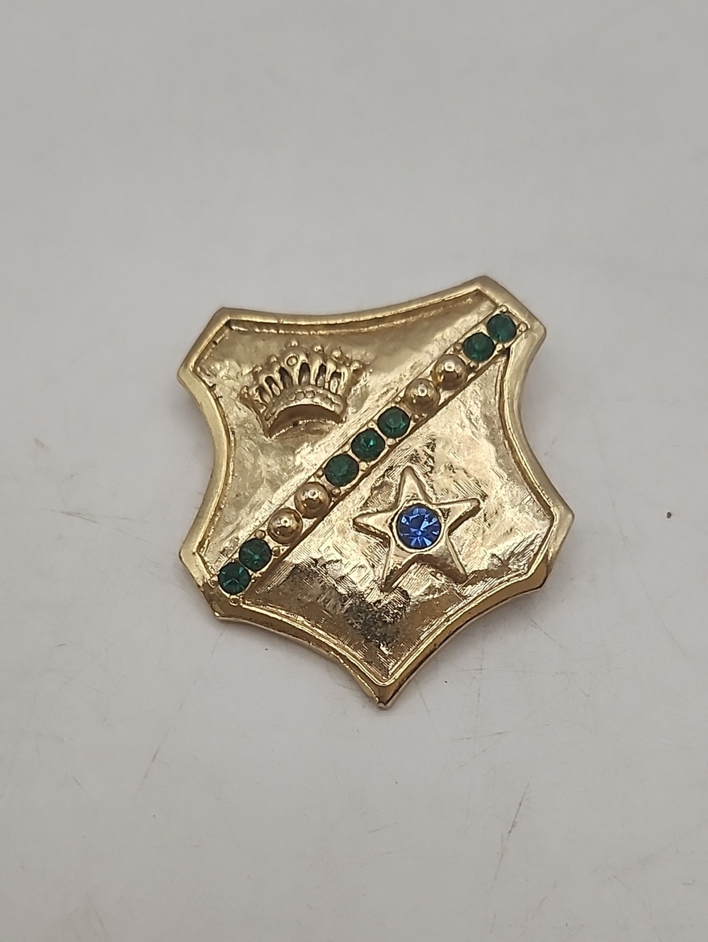 Vintage Gold Tone Shield Pin w/ Green Stones